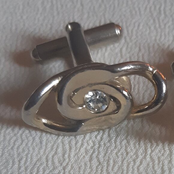 Vintage Loops With Rhinestones Silver Tone Cuff Links ⚡️BUY 3 for $55⚡️ - Picture 4 of 11